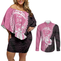 Personalised Polynesia Breast Cancer Awareness Couples Matching Off Shoulder Short Dress and Long Sleeve Button Shirt Fight With Hope Pink Ribbon Boxing Gloves