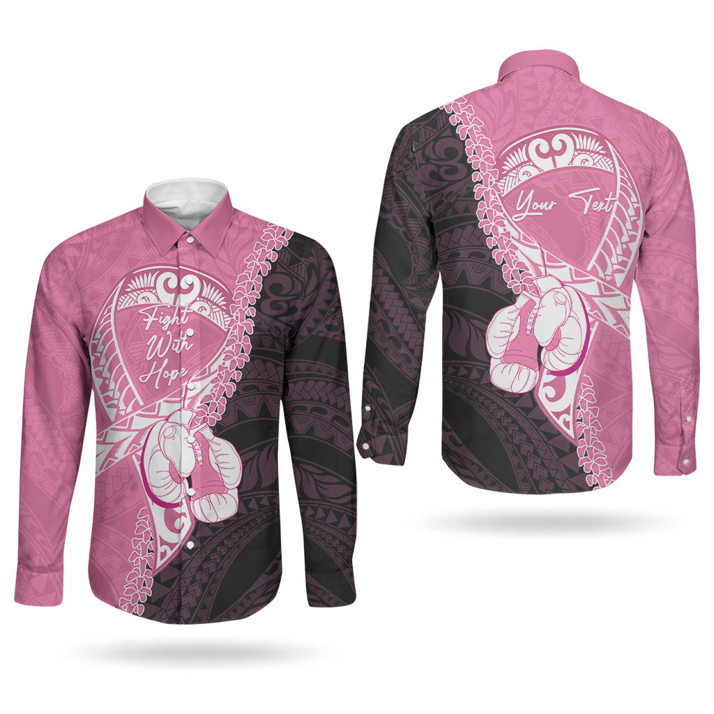 Personalised Polynesia Breast Cancer Awareness Couples Matching Off Shoulder Short Dress and Long Sleeve Button Shirt Fight With Hope Pink Ribbon Boxing Gloves