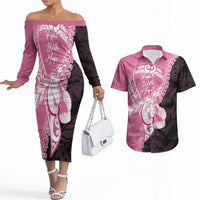 Personalised Polynesia Breast Cancer Awareness Couples Matching Off The Shoulder Long Sleeve Dress and Hawaiian Shirt Fight With Hope Pink Ribbon Boxing Gloves