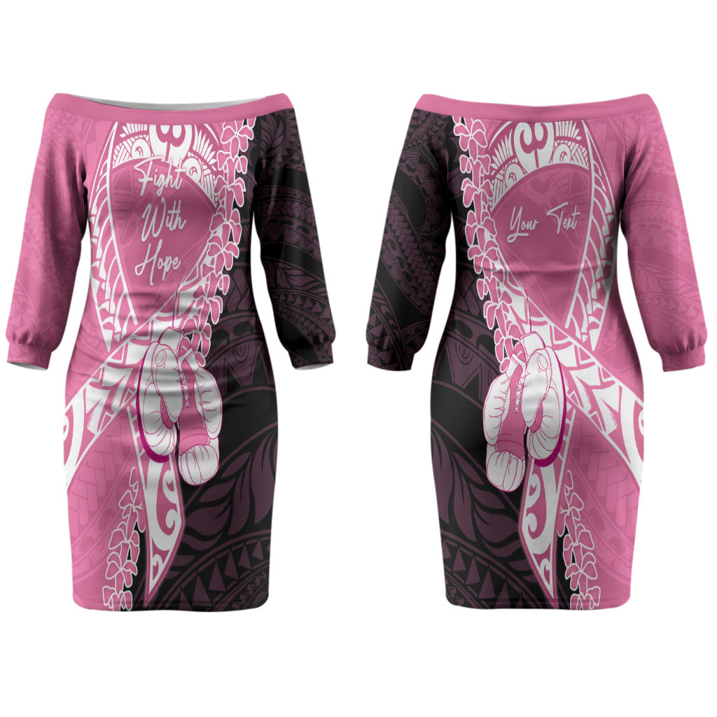 Personalised Polynesia Breast Cancer Awareness Couples Matching Off The Shoulder Long Sleeve Dress and Hawaiian Shirt Fight With Hope Pink Ribbon Boxing Gloves