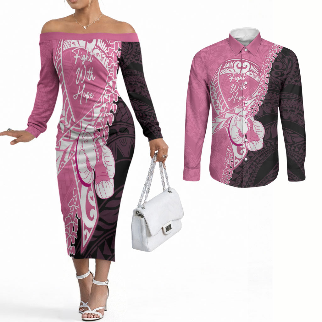 Personalised Polynesia Breast Cancer Awareness Couples Matching Off The Shoulder Long Sleeve Dress and Long Sleeve Button Shirt Fight With Hope Pink Ribbon Boxing Gloves
