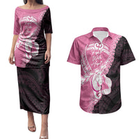 Personalised Polynesia Breast Cancer Awareness Couples Matching Puletasi and Hawaiian Shirt Fight With Hope Pink Ribbon Boxing Gloves