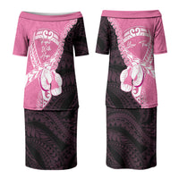Personalised Polynesia Breast Cancer Awareness Couples Matching Puletasi and Long Sleeve Button Shirt Fight With Hope Pink Ribbon Boxing Gloves