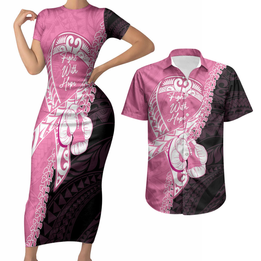 Personalised Polynesia Breast Cancer Awareness Couples Matching Short Sleeve Bodycon Dress and Hawaiian Shirt Fight With Hope Pink Ribbon Boxing Gloves