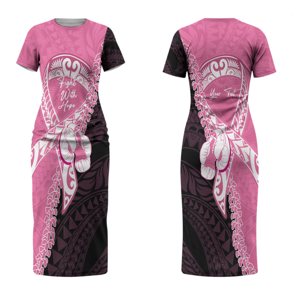 Personalised Polynesia Breast Cancer Awareness Couples Matching Short Sleeve Bodycon Dress and Long Sleeve Button Shirt Fight With Hope Pink Ribbon Boxing Gloves