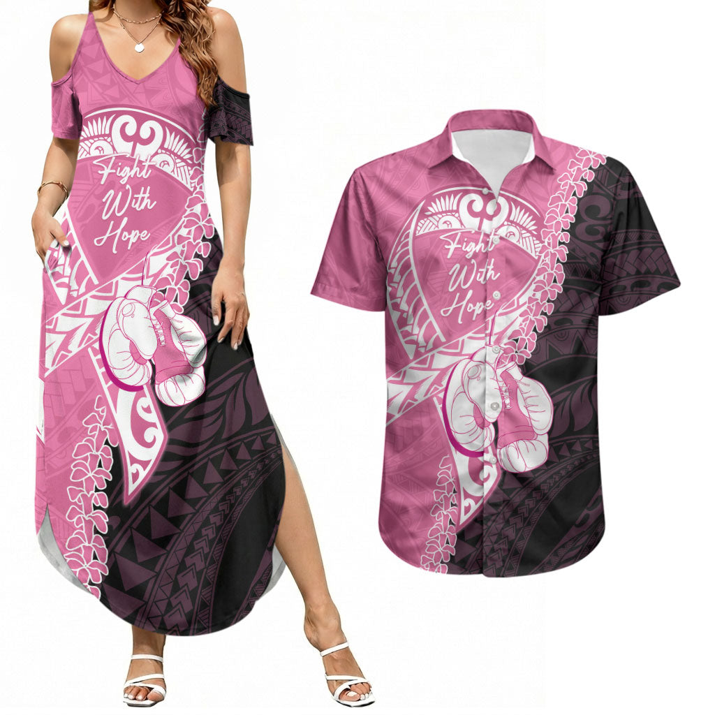 Personalised Polynesia Breast Cancer Awareness Couples Matching Summer Maxi Dress and Hawaiian Shirt Fight With Hope Pink Ribbon Boxing Gloves