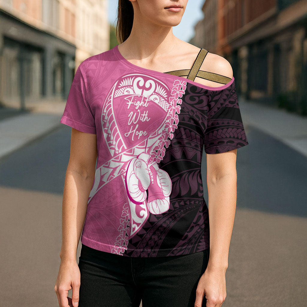 Personalised Polynesia Breast Cancer Awareness Cross Shoulder Shirt Fight With Hope Pink Ribbon Boxing Gloves