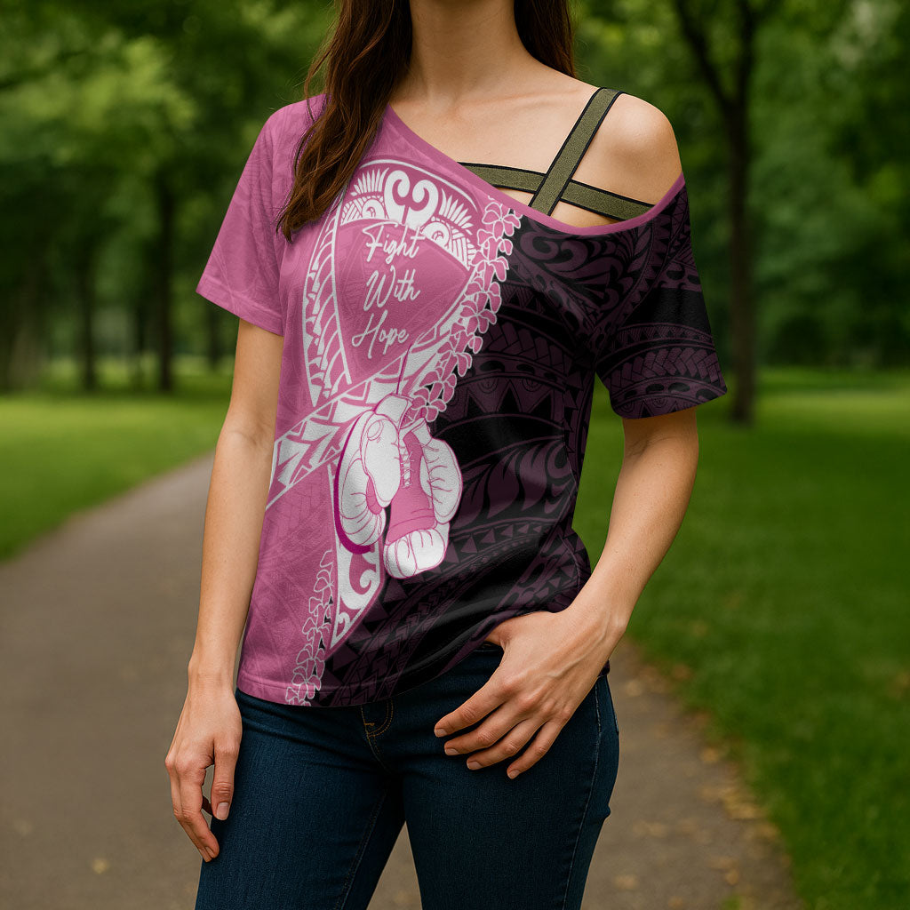 Personalised Polynesia Breast Cancer Awareness Cross Shoulder Shirt Fight With Hope Pink Ribbon Boxing Gloves
