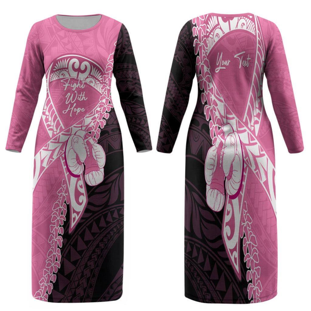 Personalised Polynesia Breast Cancer Awareness Family Matching Long Sleeve Bodycon Dress and Hawaiian Shirt Fight With Hope Pink Ribbon Boxing Gloves