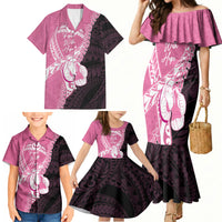 Personalised Polynesia Breast Cancer Awareness Family Matching Mermaid Dress and Hawaiian Shirt Fight With Hope Pink Ribbon Boxing Gloves