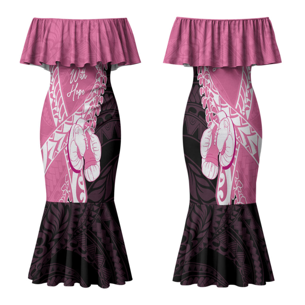 Personalised Polynesia Breast Cancer Awareness Family Matching Mermaid Dress and Hawaiian Shirt Fight With Hope Pink Ribbon Boxing Gloves
