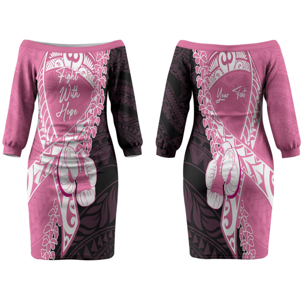 Personalised Polynesia Breast Cancer Awareness Family Matching Off The Shoulder Long Sleeve Dress and Hawaiian Shirt Fight With Hope Pink Ribbon Boxing Gloves