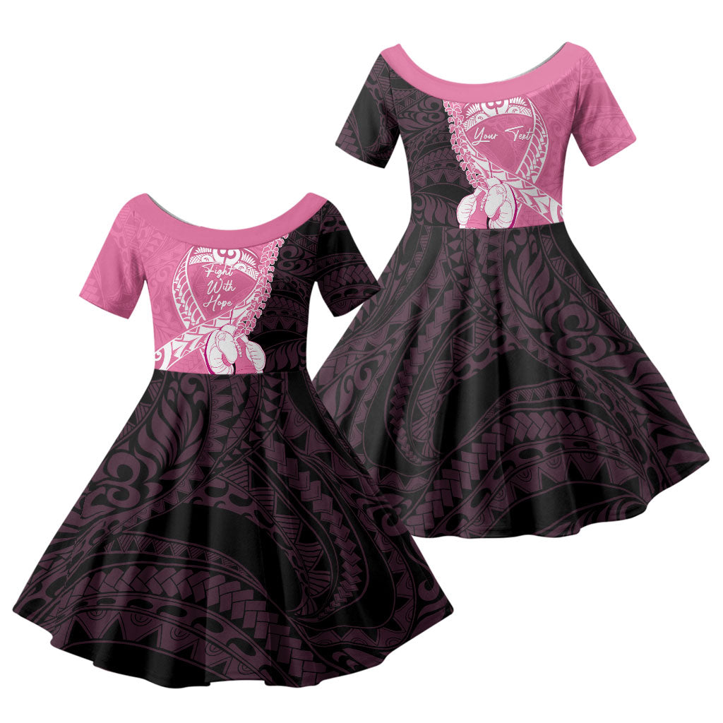 Personalised Polynesia Breast Cancer Awareness Family Matching Off Shoulder Maxi Dress and Hawaiian Shirt Fight With Hope Pink Ribbon Boxing Gloves