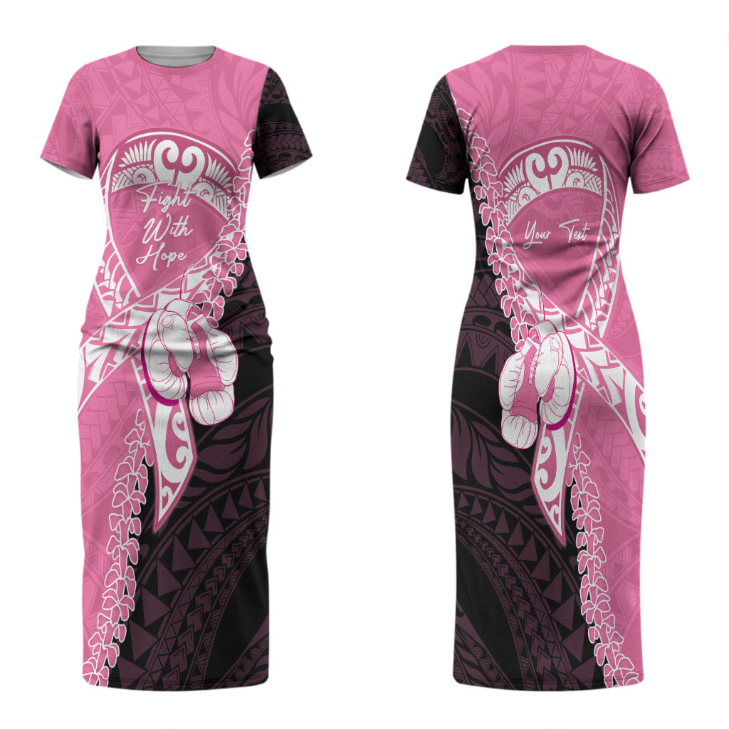 Personalised Polynesia Breast Cancer Awareness Family Matching Short Sleeve Bodycon Dress and Hawaiian Shirt Fight With Hope Pink Ribbon Boxing Gloves
