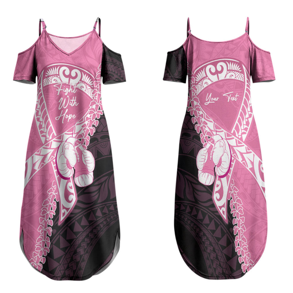 Personalised Polynesia Breast Cancer Awareness Family Matching Summer Maxi Dress and Hawaiian Shirt Fight With Hope Pink Ribbon Boxing Gloves