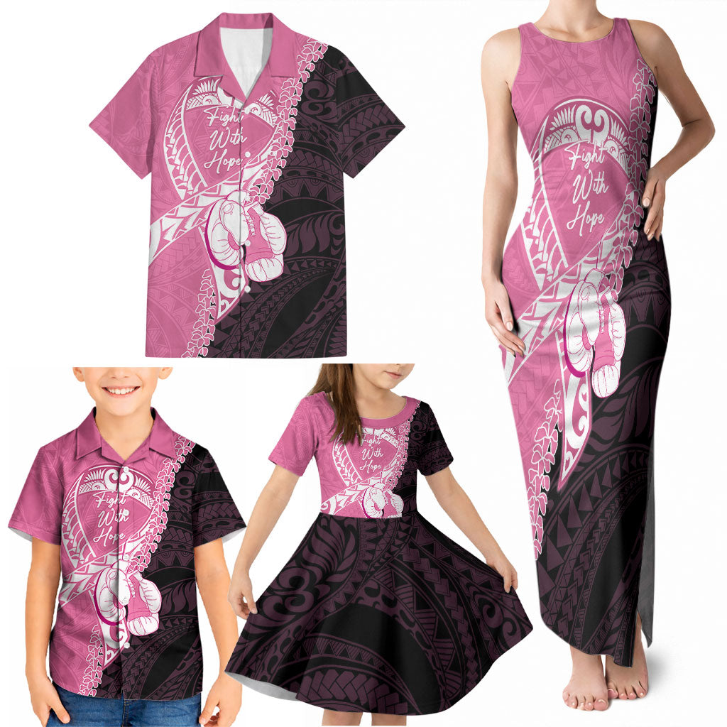 Personalised Polynesia Breast Cancer Awareness Family Matching Tank Maxi Dress and Hawaiian Shirt Fight With Hope Pink Ribbon Boxing Gloves