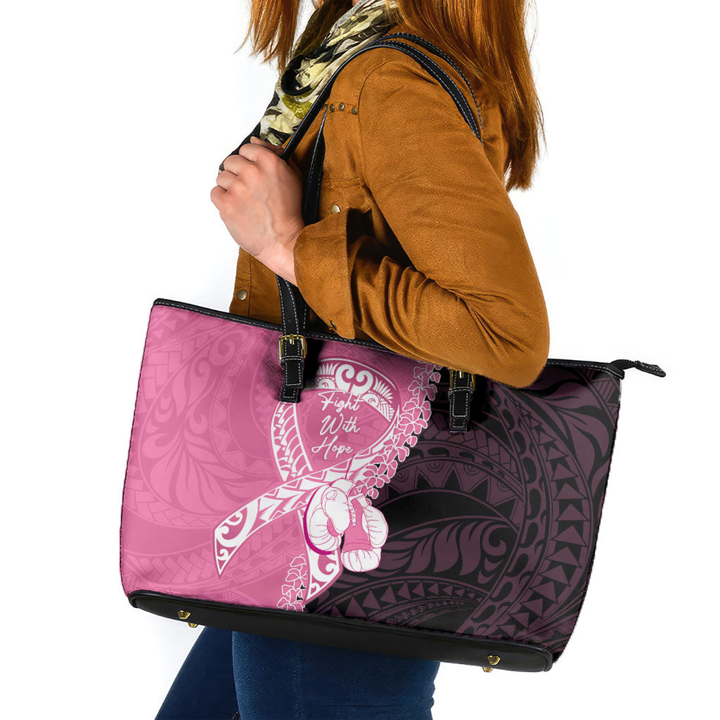Polynesia Breast Cancer Awareness Leather Tote Bag Fight With Hope Pink Ribbon Boxing Gloves