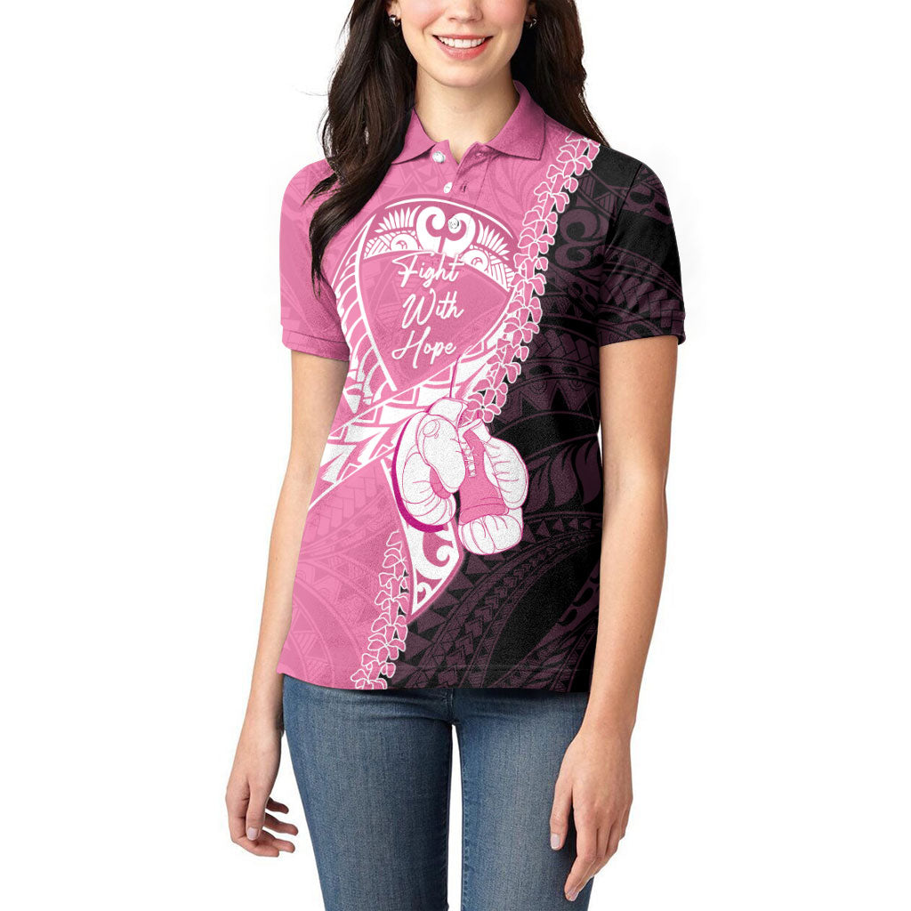 Personalised Polynesia Breast Cancer Awareness Women Polo Shirt Fight With Hope Pink Ribbon Boxing Gloves