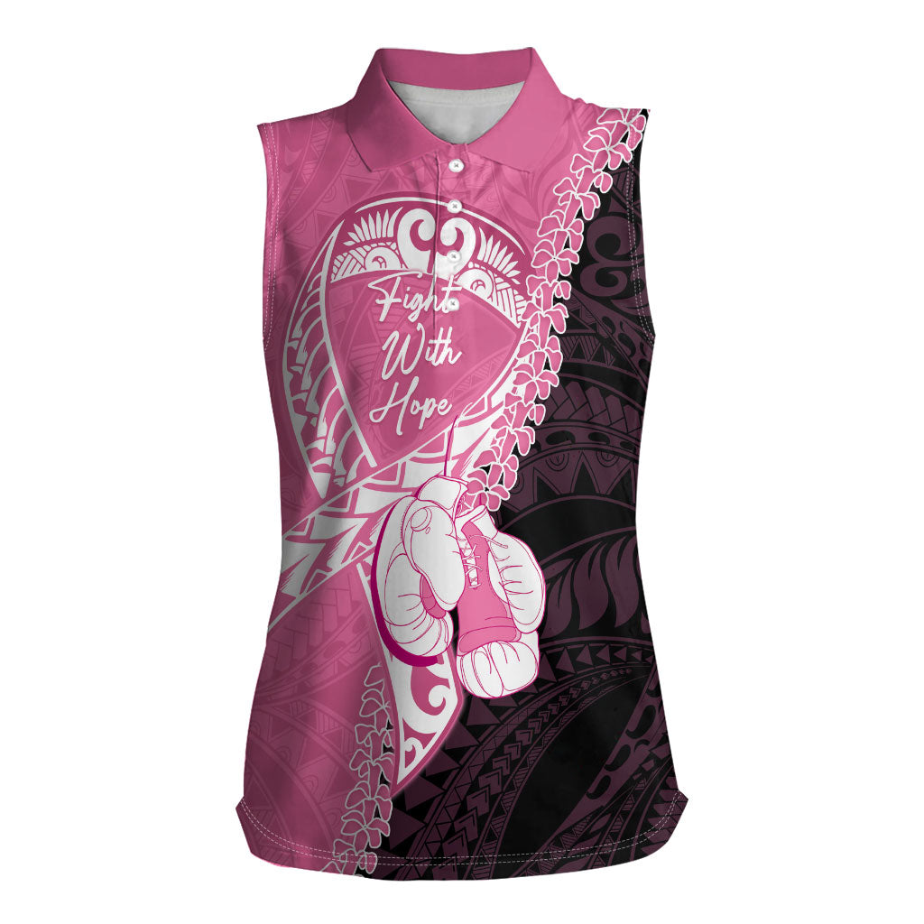 Personalised Polynesia Breast Cancer Awareness Women Sleeveless Polo Shirt Fight With Hope Pink Ribbon Boxing Gloves