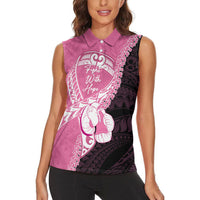 Personalised Polynesia Breast Cancer Awareness Women Sleeveless Polo Shirt Fight With Hope Pink Ribbon Boxing Gloves