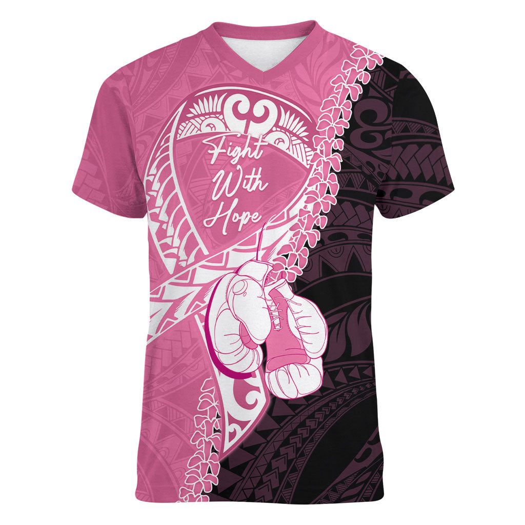 Personalised Polynesia Breast Cancer Awareness Women V-Neck T-Shirt Fight With Hope Pink Ribbon Boxing Gloves