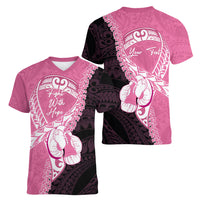 Personalised Polynesia Breast Cancer Awareness Women V-Neck T-Shirt Fight With Hope Pink Ribbon Boxing Gloves