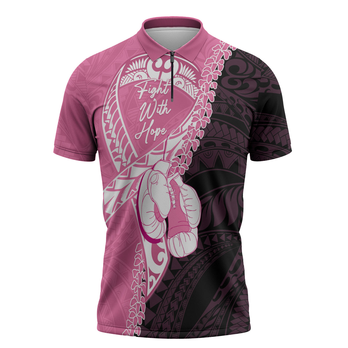 Personalised Polynesia Breast Cancer Awareness Zipper Polo Shirt Fight With Hope Pink Ribbon Boxing Gloves