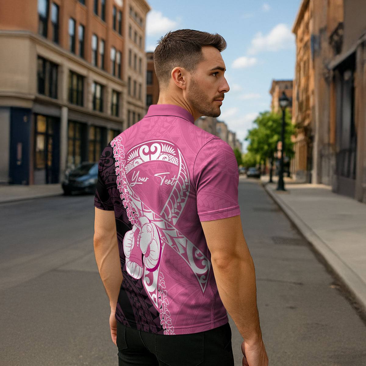 Personalised Polynesia Breast Cancer Awareness Zipper Polo Shirt Fight With Hope Pink Ribbon Boxing Gloves