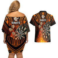 Personalised Polynesian Darts Couples Matching Off Shoulder Short Dress and Hawaiian Shirt Fire Burning With Tribal Tattoo LT14 - Polynesian Pride