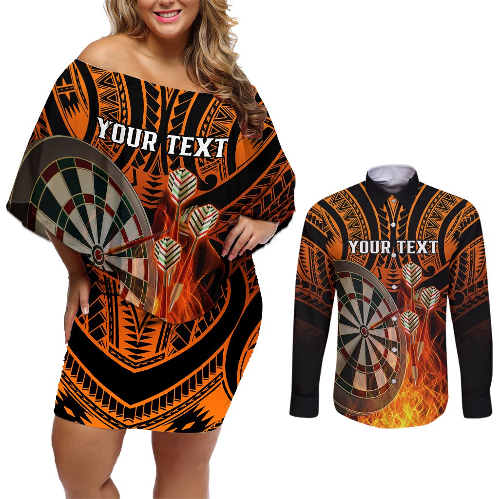Personalised Polynesian Darts Couples Matching Off Shoulder Short Dress and Long Sleeve Button Shirts Fire Burning With Tribal Tattoo LT14 Orange - Polynesian Pride