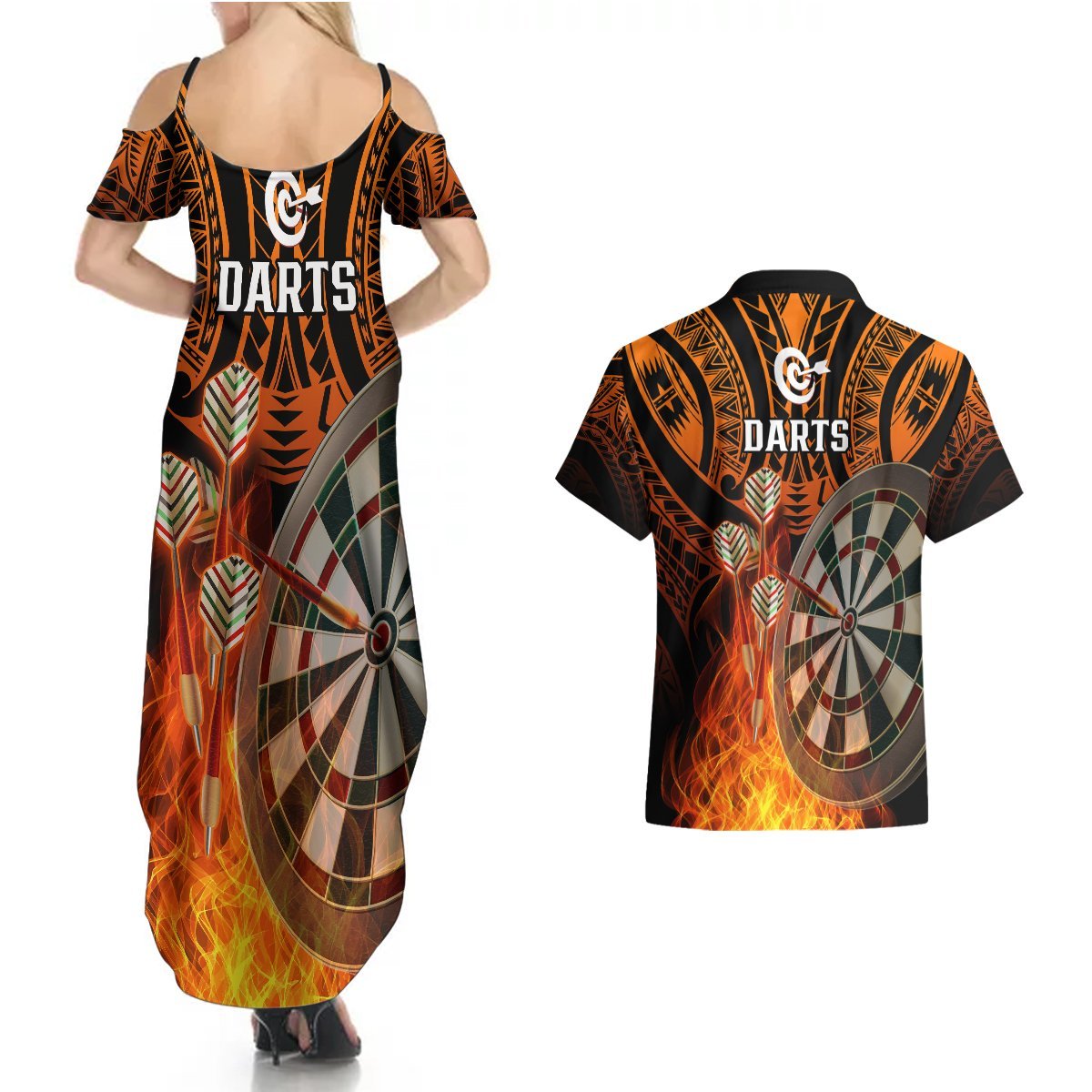 Personalised Polynesian Darts Couples Matching Summer Maxi Dress and Hawaiian Shirt Fire Burning With Tribal Tattoo LT14 - Polynesian Pride