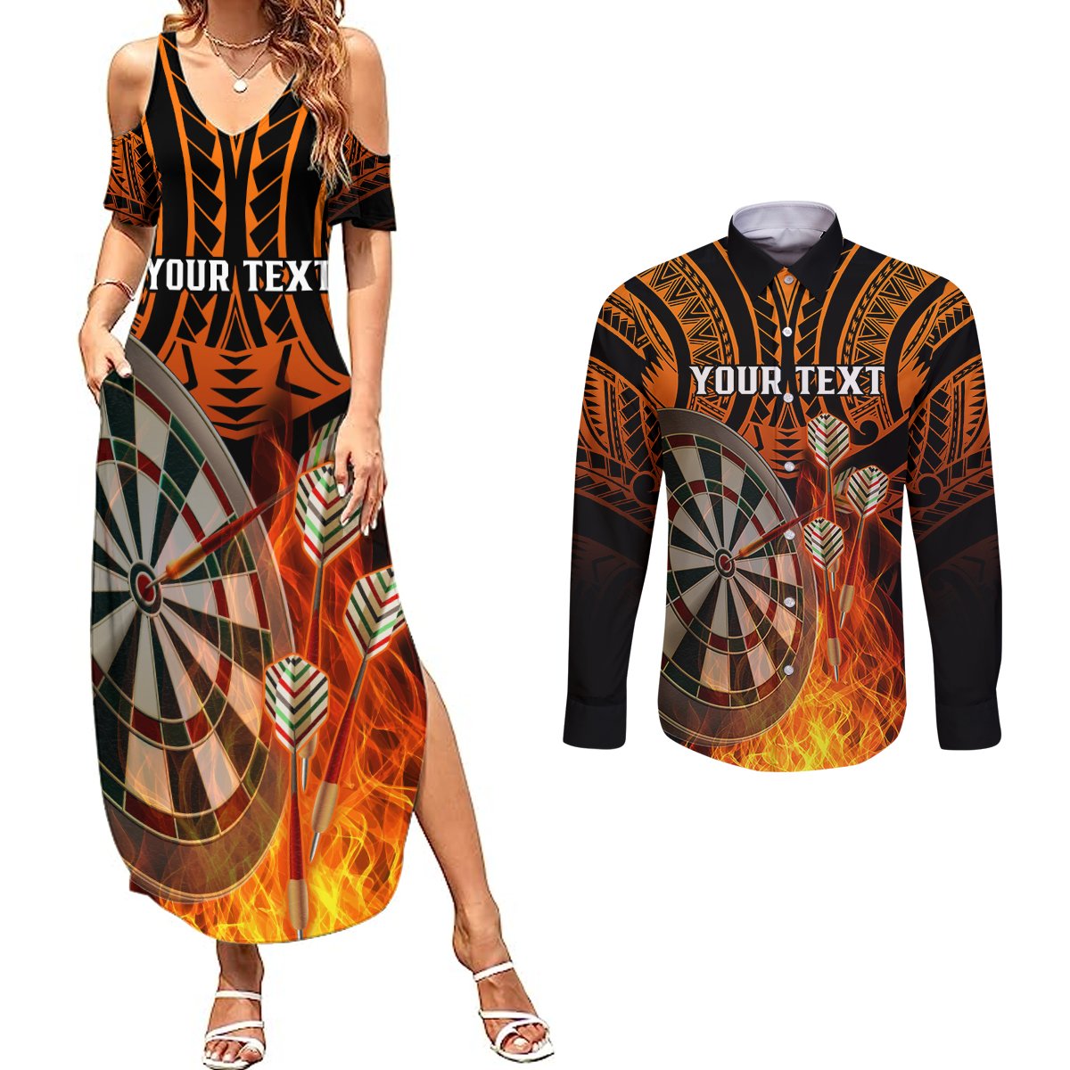Personalised Polynesian Darts Couples Matching Summer Maxi Dress and Long Sleeve Button Shirts Fire Burning With Tribal Tattoo LT14 Orange - Polynesian Pride