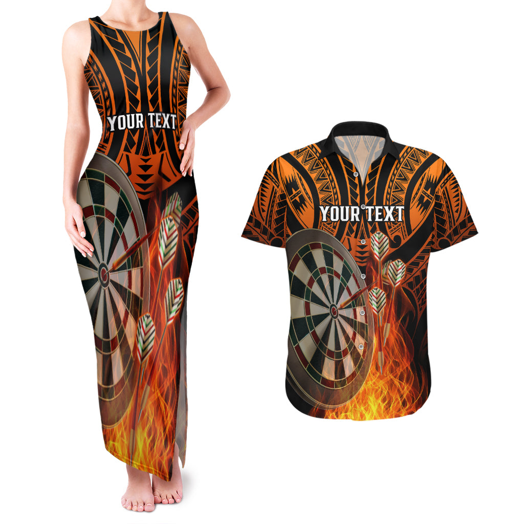 Personalised Polynesian Darts Couples Matching Tank Maxi Dress and Hawaiian Shirt Fire Burning With Tribal Tattoo LT14 Orange - Polynesian Pride