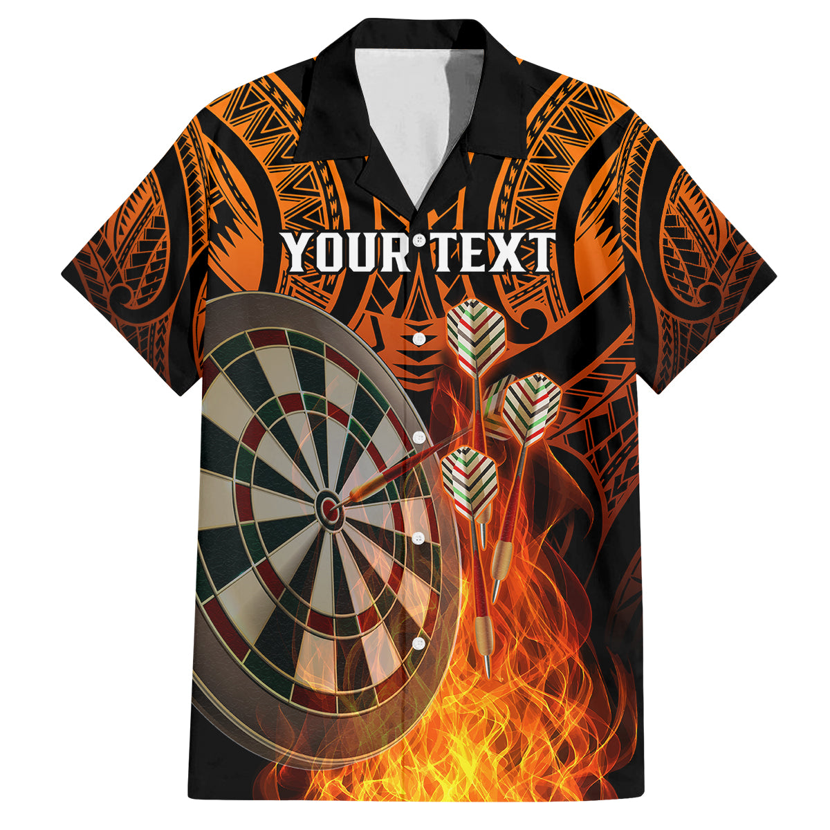 Personalised Polynesian Darts Family Matching Mermaid Dress and Hawaiian Shirt Fire Burning With Tribal Tattoo LT14 Dad's Shirt - Short Sleeve Orange - Polynesian Pride