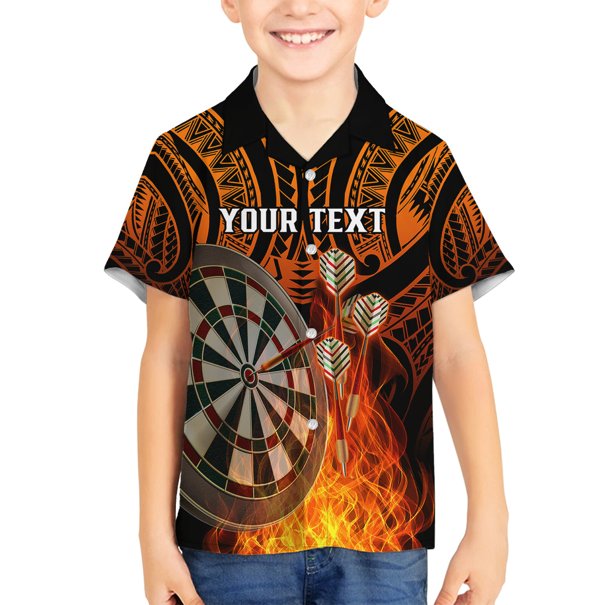 Personalised Polynesian Darts Kid Hawaiian Shirt Fire Burning With Tribal Tattoo LT14 - Polynesian Pride