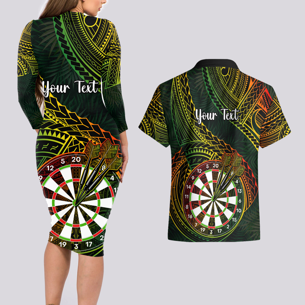 Personalised Polynesian Darts Couples Matching Long Sleeve Bodycon Dress and Hawaiian Shirt Dart Lovers Tribal Pattern Mix Tropical Leaves LT14 - Polynesian Pride