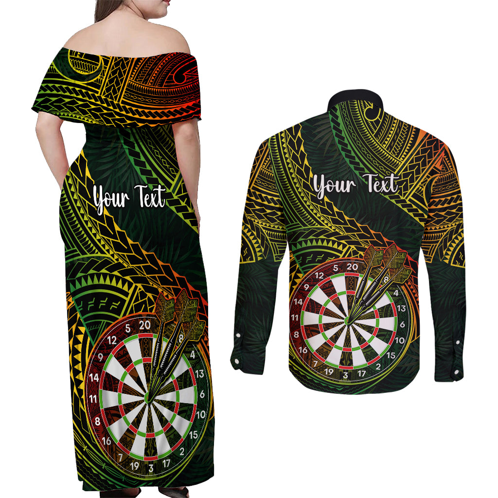 Personalised Polynesian Darts Couples Matching Off Shoulder Maxi Dress and Long Sleeve Button Shirts Dart Lovers Tribal Pattern Mix Tropical Leaves LT14 - Polynesian Pride