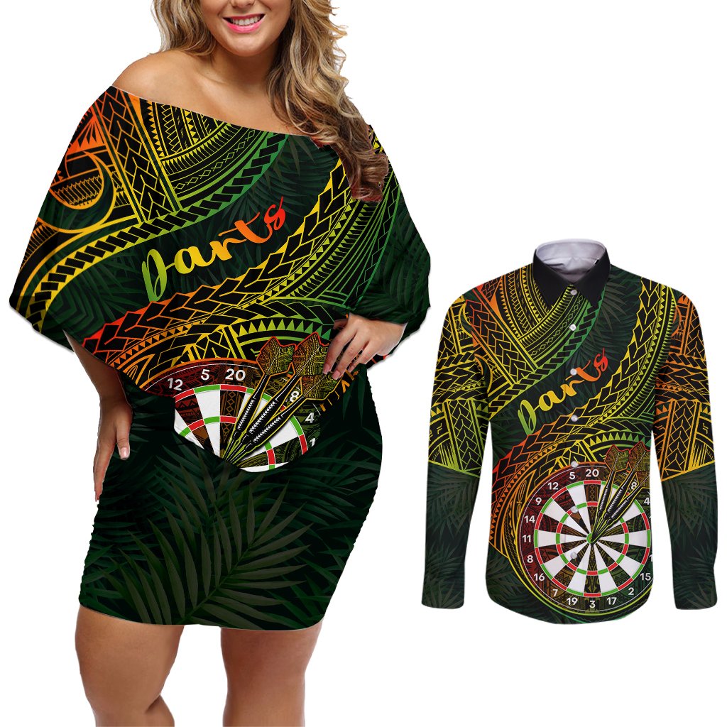 Personalised Polynesian Darts Couples Matching Off Shoulder Short Dress and Long Sleeve Button Shirts Dart Lovers Tribal Pattern Mix Tropical Leaves LT14 Reggae - Polynesian Pride