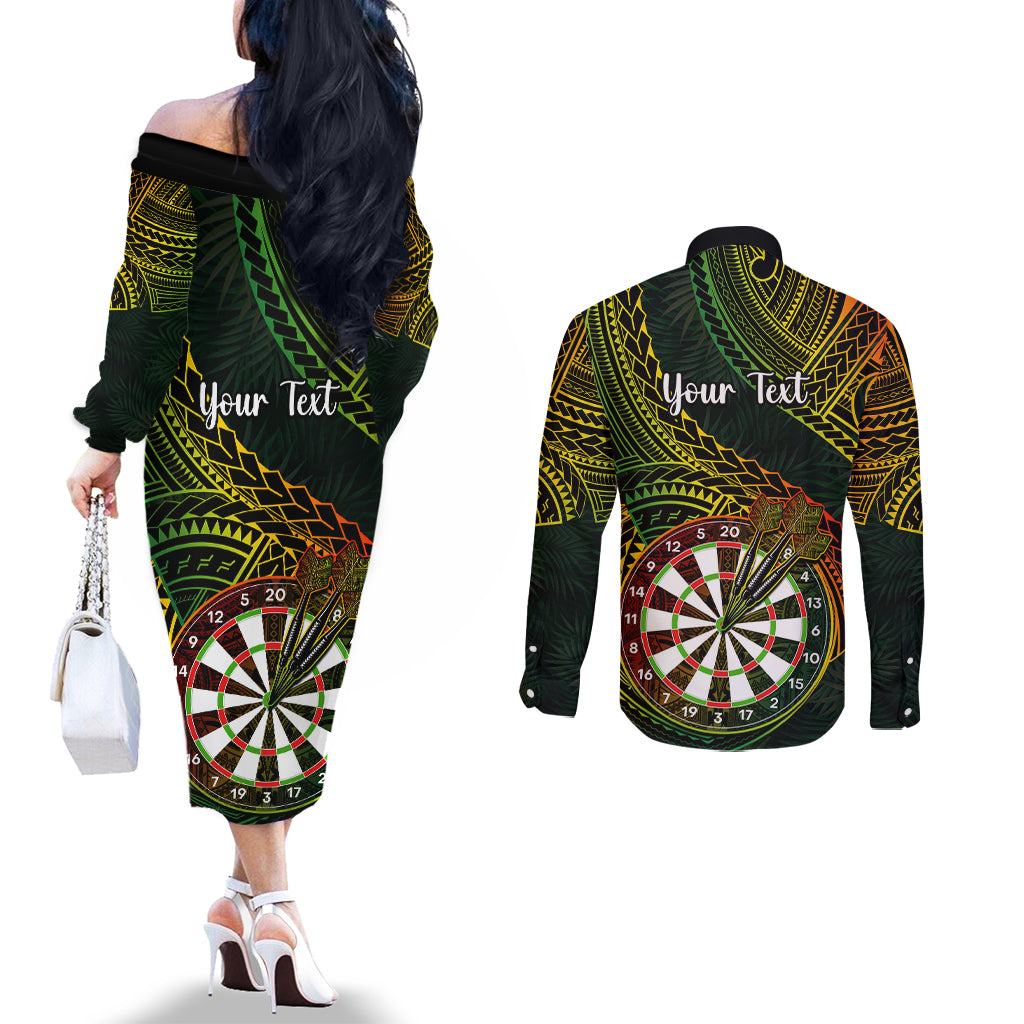 Personalised Polynesian Darts Couples Matching Off The Shoulder Long Sleeve Dress and Long Sleeve Button Shirts Dart Lovers Tribal Pattern Mix Tropical Leaves LT14 - Polynesian Pride