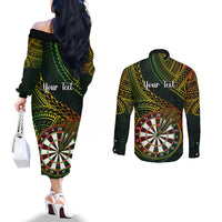Personalised Polynesian Darts Couples Matching Off The Shoulder Long Sleeve Dress and Long Sleeve Button Shirts Dart Lovers Tribal Pattern Mix Tropical Leaves LT14 - Polynesian Pride