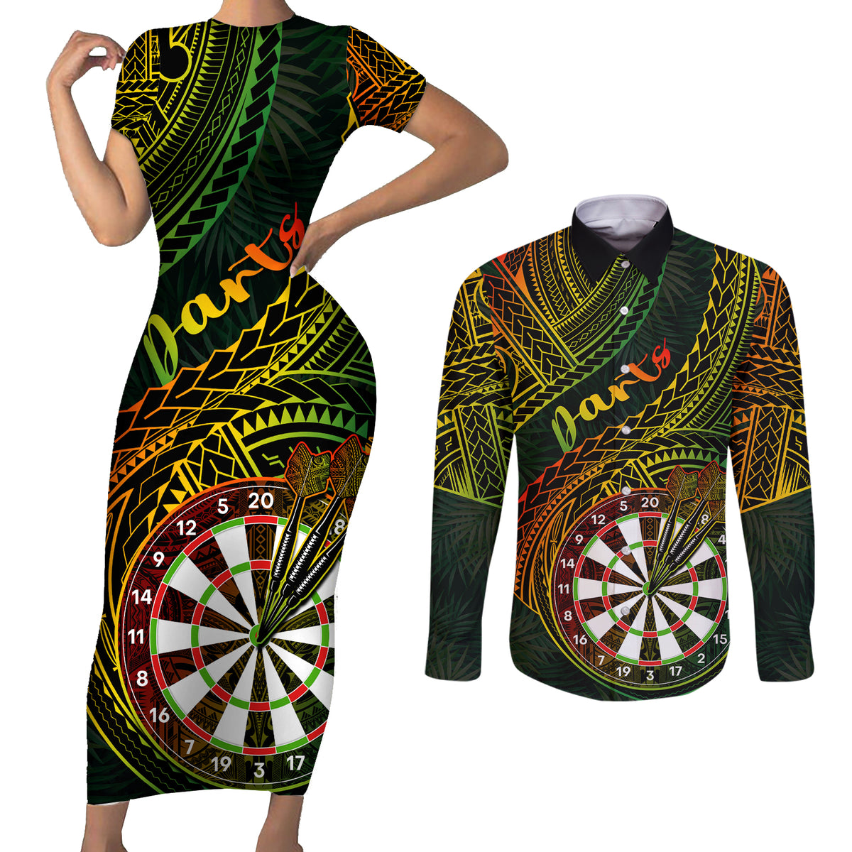 Personalised Polynesian Darts Couples Matching Short Sleeve Bodycon Dress and Long Sleeve Button Shirts Dart Lovers Tribal Pattern Mix Tropical Leaves LT14 Reggae - Polynesian Pride