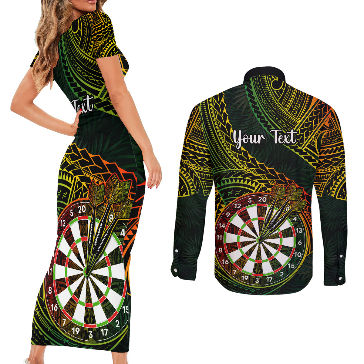 Personalised Polynesian Darts Couples Matching Short Sleeve Bodycon Dress and Long Sleeve Button Shirts Dart Lovers Tribal Pattern Mix Tropical Leaves LT14 - Polynesian Pride