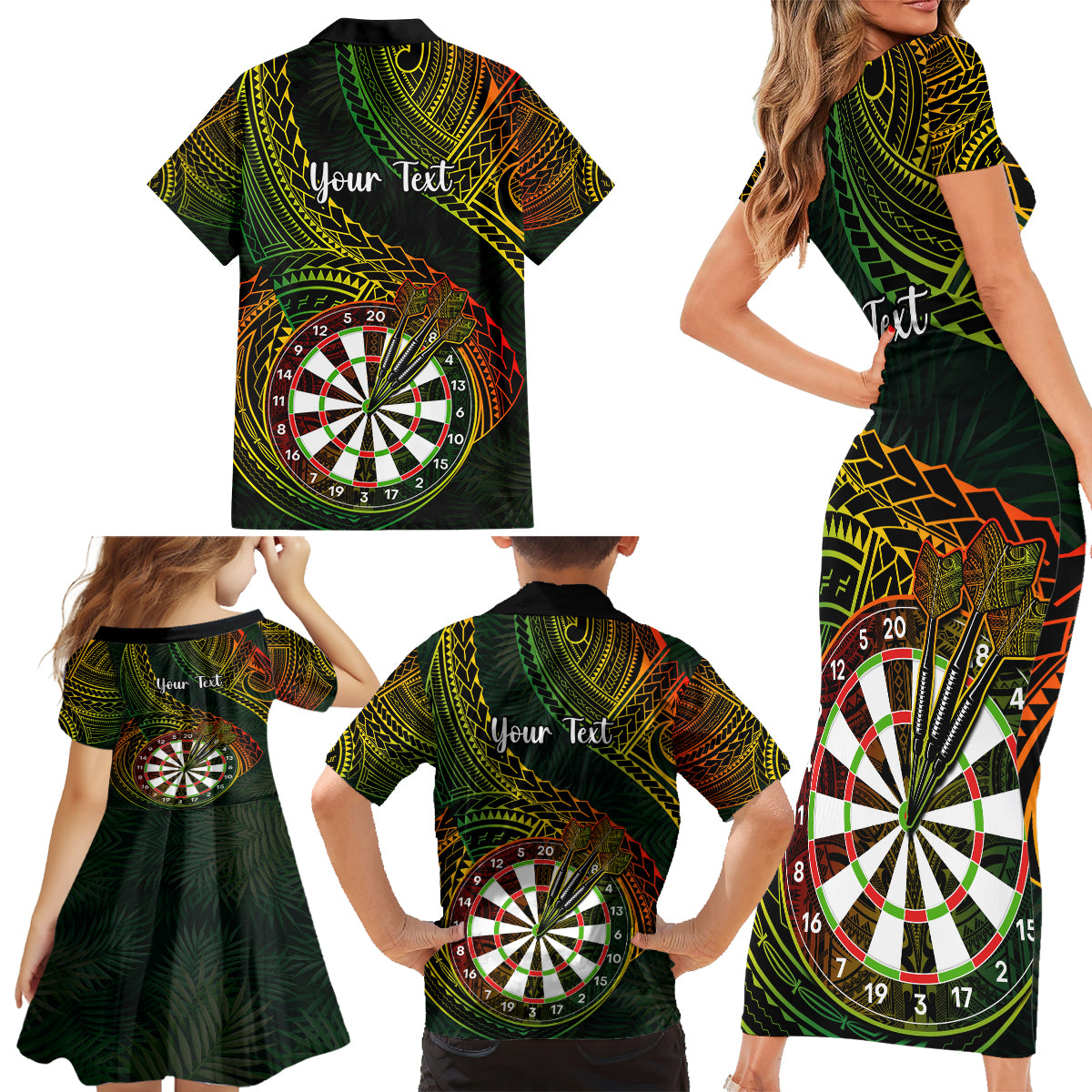 Personalised Polynesian Darts Family Matching Short Sleeve Bodycon Dress and Hawaiian Shirt Dart Lovers Tribal Pattern Mix Tropical Leaves LT14 - Polynesian Pride