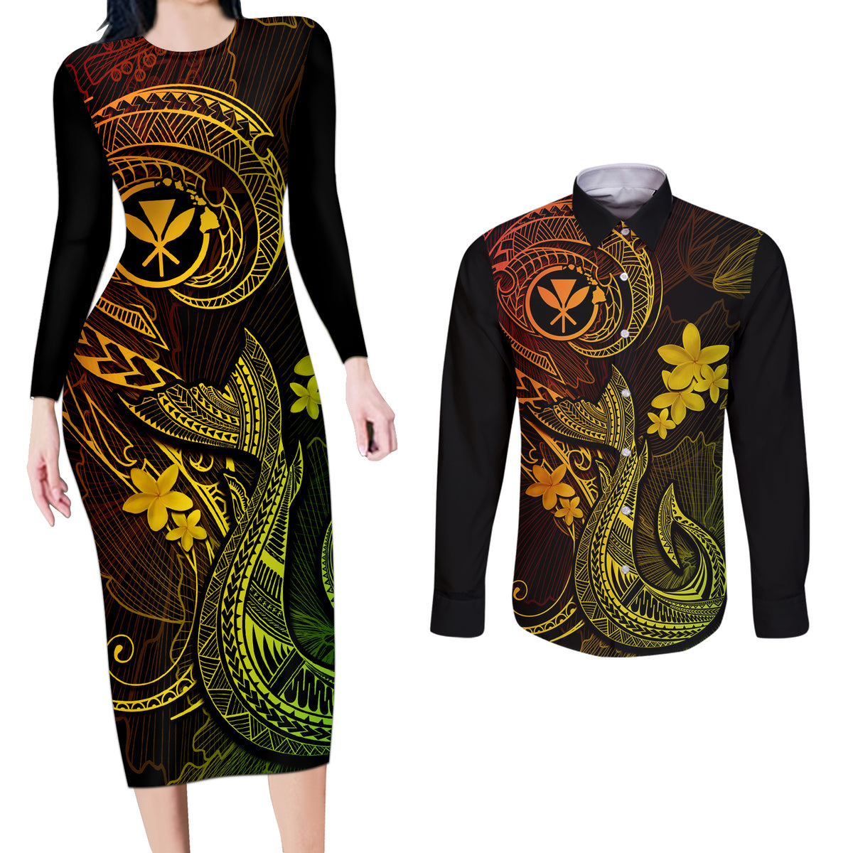 Hawaii Couples Matching Long Sleeve Bodycon Dress and Long Sleeve Button Shirts Fish Hook Tattoo Mix Polynesian Plumeria Reggae Version LT14 Reggae - Polynesian Pride