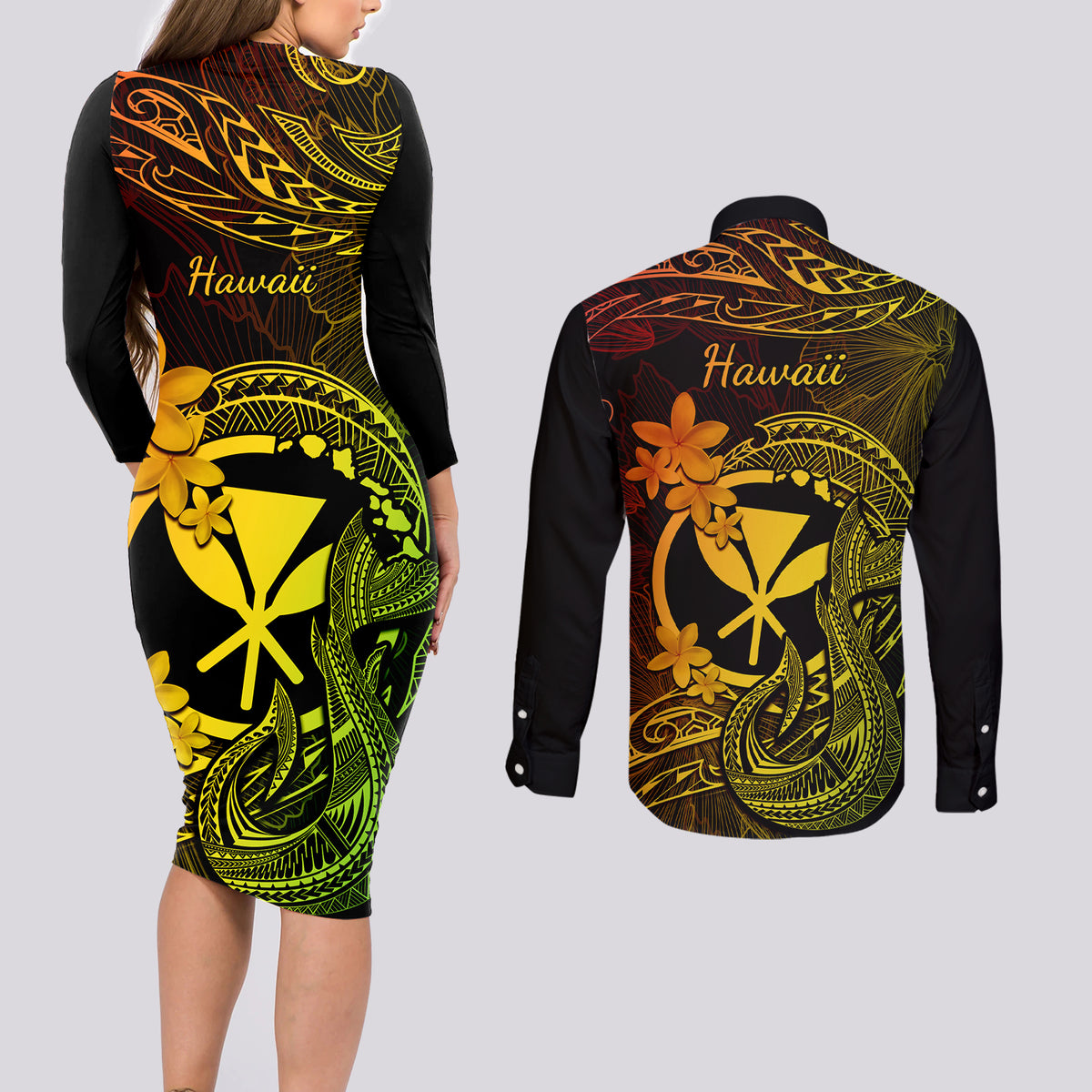 Hawaii Couples Matching Long Sleeve Bodycon Dress and Long Sleeve Button Shirts Fish Hook Tattoo Mix Polynesian Plumeria Reggae Version LT14 - Polynesian Pride