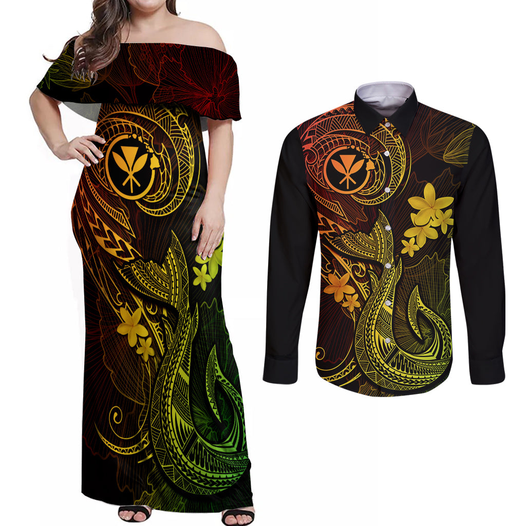 Hawaii Couples Matching Off Shoulder Maxi Dress and Long Sleeve Button Shirts Fish Hook Tattoo Mix Polynesian Plumeria Reggae Version LT14 Reggae - Polynesian Pride