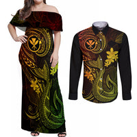 Hawaii Couples Matching Off Shoulder Maxi Dress and Long Sleeve Button Shirts Fish Hook Tattoo Mix Polynesian Plumeria Reggae Version LT14 Reggae - Polynesian Pride