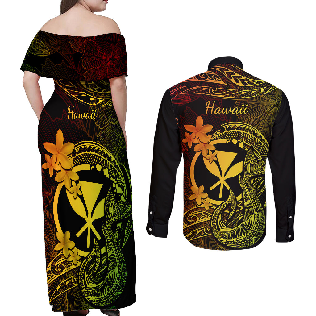 Hawaii Couples Matching Off Shoulder Maxi Dress and Long Sleeve Button Shirts Fish Hook Tattoo Mix Polynesian Plumeria Reggae Version LT14 - Polynesian Pride