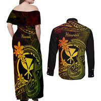 Hawaii Couples Matching Off Shoulder Maxi Dress and Long Sleeve Button Shirts Fish Hook Tattoo Mix Polynesian Plumeria Reggae Version LT14 - Polynesian Pride
