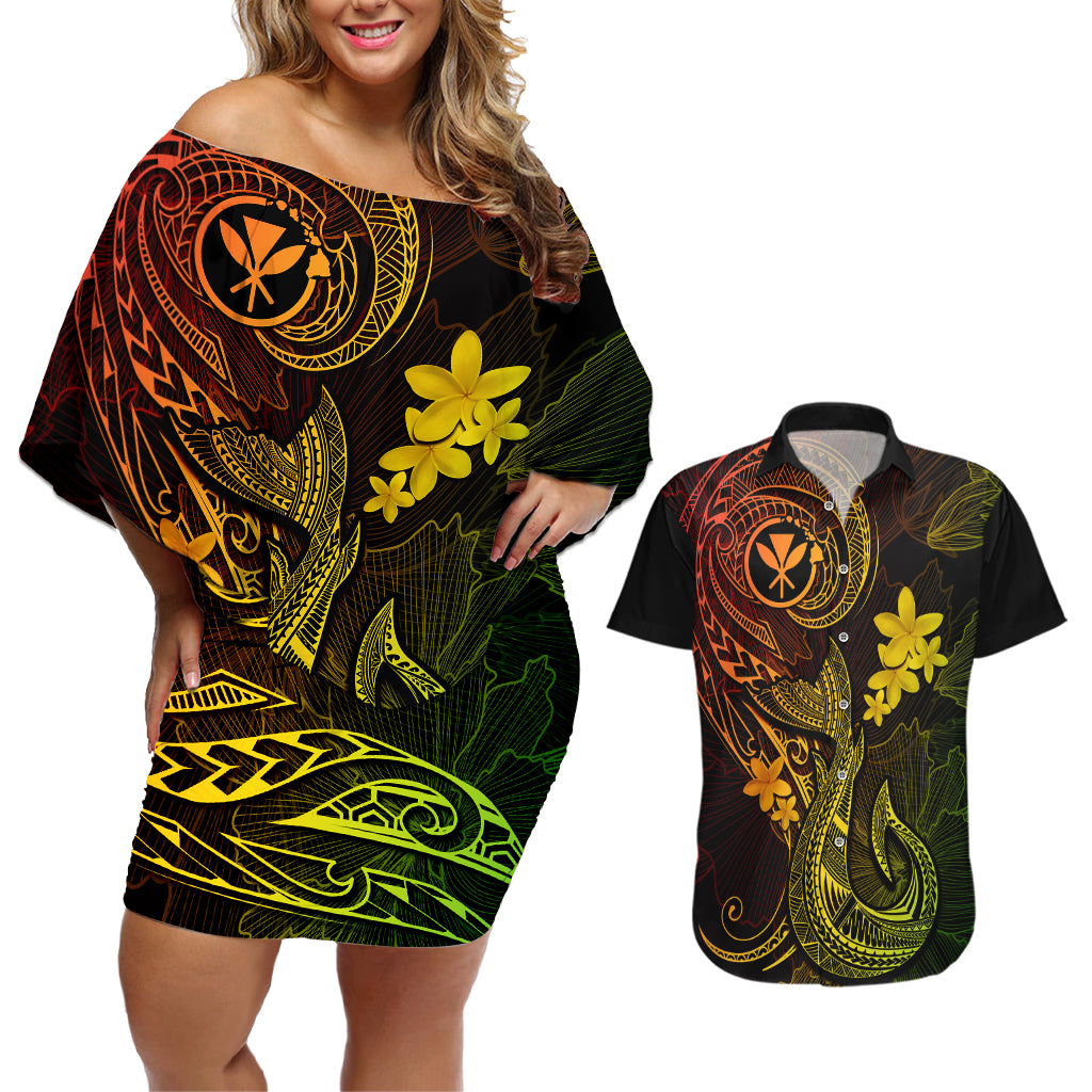 Hawaii Couples Matching Off Shoulder Short Dress and Hawaiian Shirt Fish Hook Tattoo Mix Polynesian Plumeria Reggae Version LT14 Reggae - Polynesian Pride